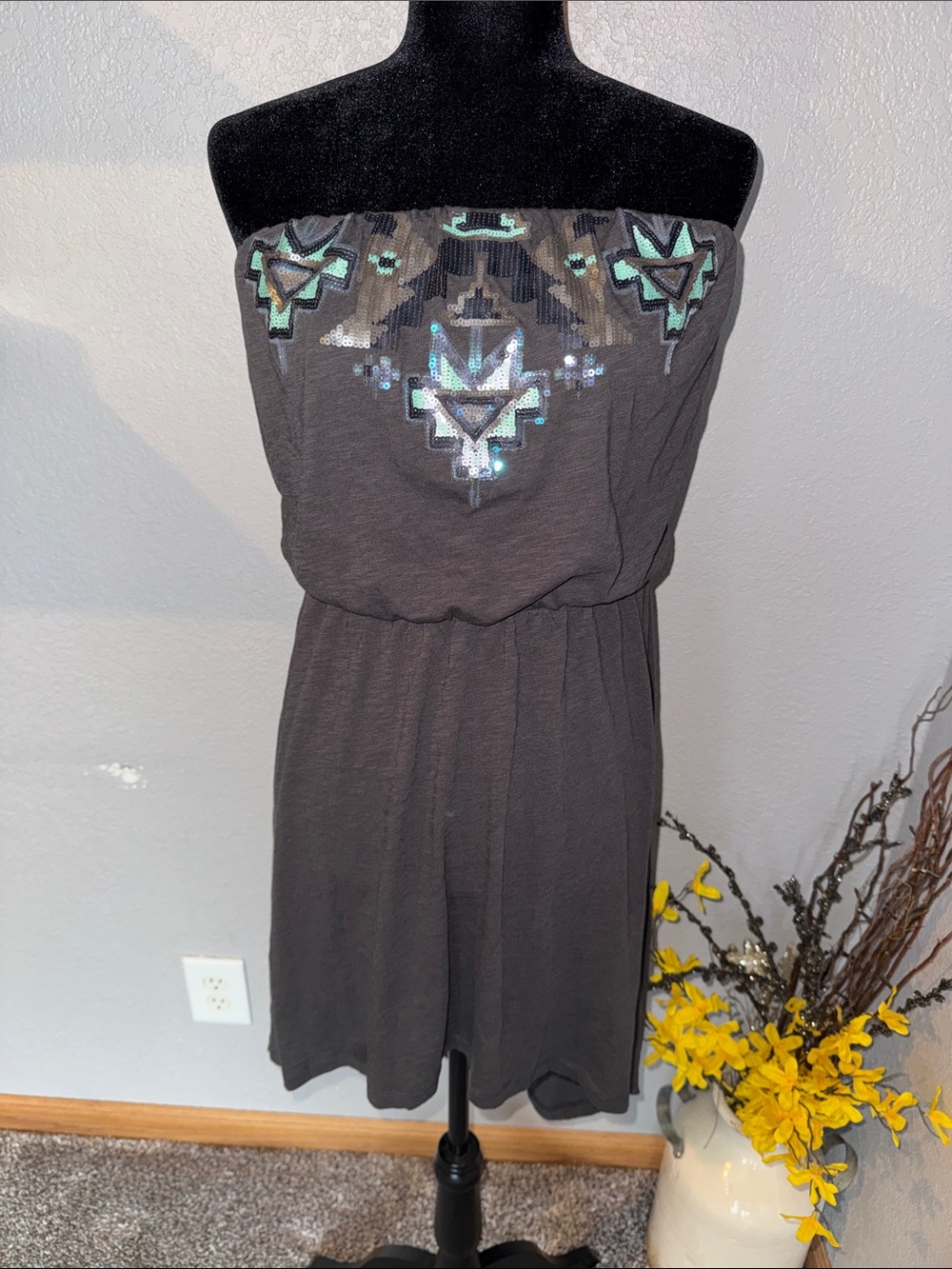 Express Strapless High-Low Dress in Charcoal with Mint Sequin Accents